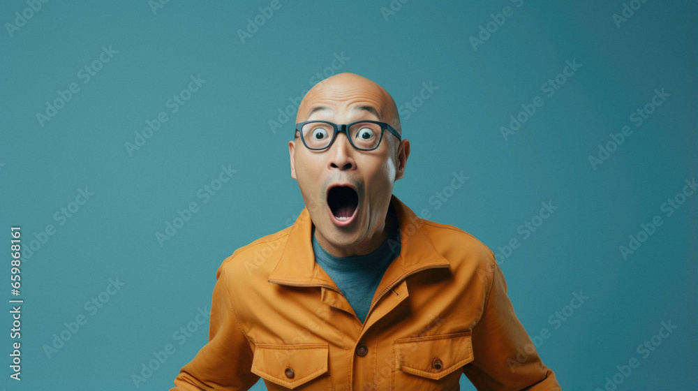 Surprised asian man in glasses and jacket with surprise expression.