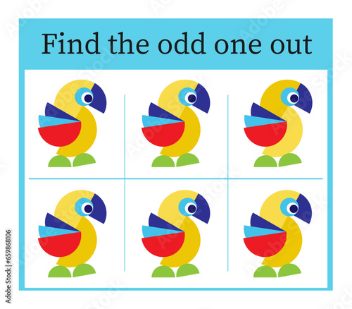Game for kids. Task for development of attention and logic. Cartoon parrot.