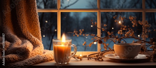 Cozy window setup with coffee candles and warm lighting for winter or autumn ambiance