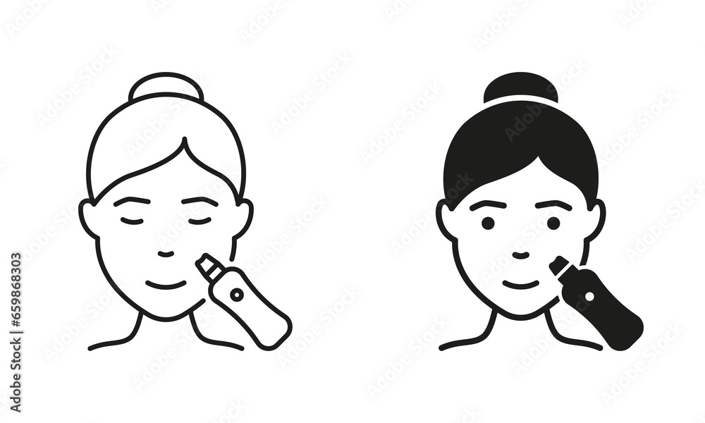 Face Peeling, Cleansing with Ultrasound Device Pictogram. Facial Ultrasonic Cleansing for Woman Line and Silhouette Icon Set. Skin Beauty Procedure Symbol Collection. Isolated Vector Illustration Face Peeling, Cleansing with Ultrasound Device Pictogram. Facial Ultrasonic Cleansing for Woman Line and Silhouette Icon Set. Skin Beauty Procedure Symbol Collection. Isolated Vector Illustration