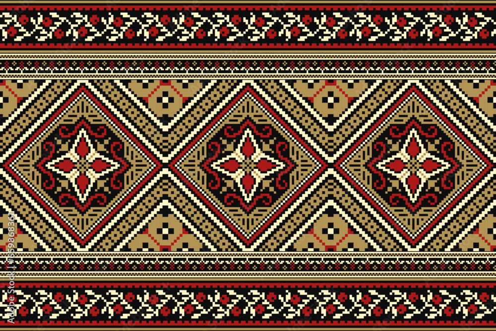 flower embroidery on black background. ikat and cross stitch geometric seamless pattern ethnic oriental traditional. Aztec style illustration design for carpet, wallpaper, clothing, wrapping, batik.	