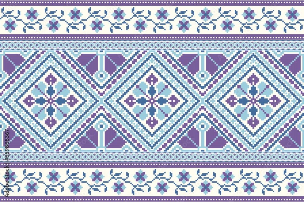 flower embroidery on cream background. ikat and cross stitch geometric seamless pattern ethnic oriental traditional. Aztec style illustration design for carpet, wallpaper, clothing, wrapping, batik.	