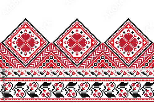 flower embroidery on white background. ikat and cross stitch geometric seamless pattern ethnic oriental traditional. Aztec style illustration design for carpet, wallpaper, clothing, wrapping, batik.	