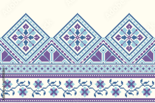 flower embroidery on cream background. ikat and cross stitch geometric seamless pattern ethnic oriental traditional. Aztec style illustration design for carpet, wallpaper, clothing, wrapping, batik. 
