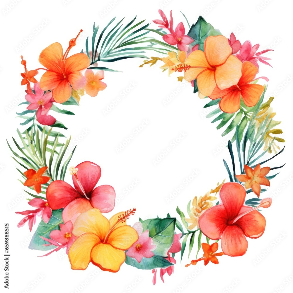 Circle frame of watercolor tropical flowers and leaves on white background.