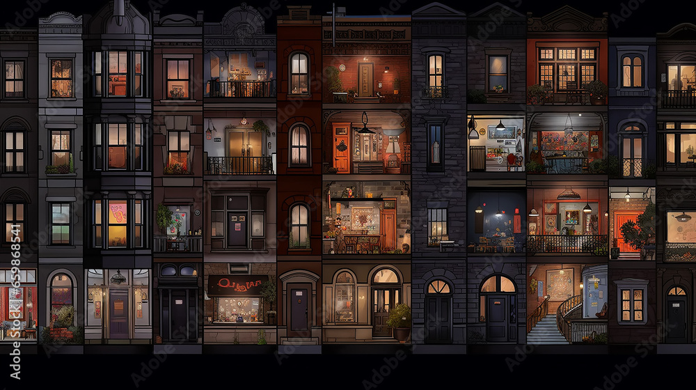 drawing facades of houses with glowing windows texture of the city background many windows