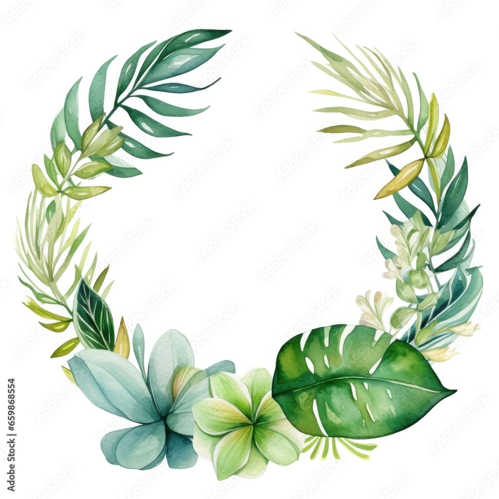 Circle frame of watercolor tropical green leaves on white background