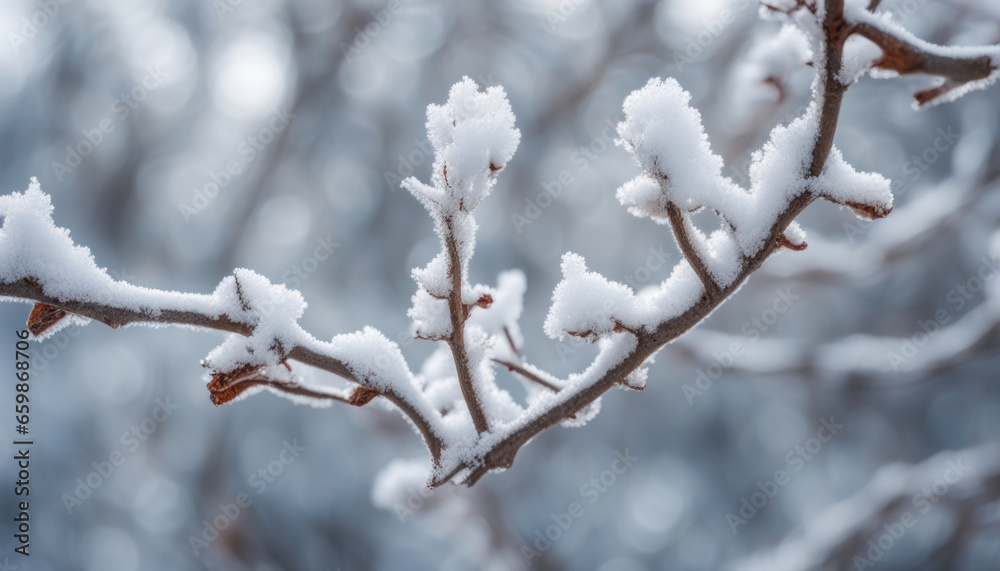 Frosty Winter Day White Snow on Bare Tree Branches 