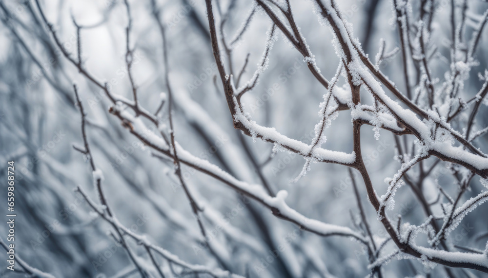 Frosty Winter Day White Snow on Bare Tree Branches Frosty Winter Day White Snow on Bare Tree Branches