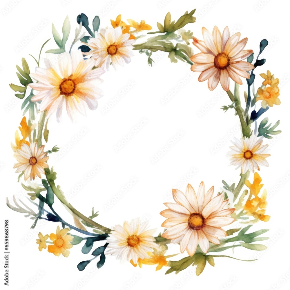 Circle frame of watercolor daisy flowers and leaves on white background.