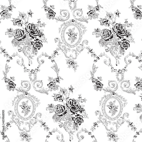 Roses vintage border frame pattern baroque victorian black and white design