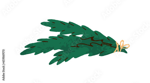 Fir tree branches tied with string. Decorative evergreen conifer pine twigs. ...