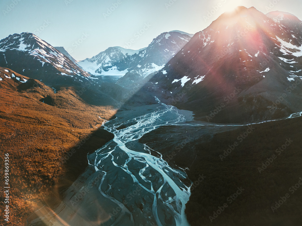 Northern Norway landscape mountains and river aerial view melting glacier water ecology concept travel beautiful destinations wild scandinavian nature - obrazy, fototapety, plakaty 