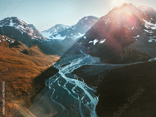 Northern Norway landscape mountains and river aerial view melting glacier water ecology concept travel beautiful destinations wild scandinavian nature