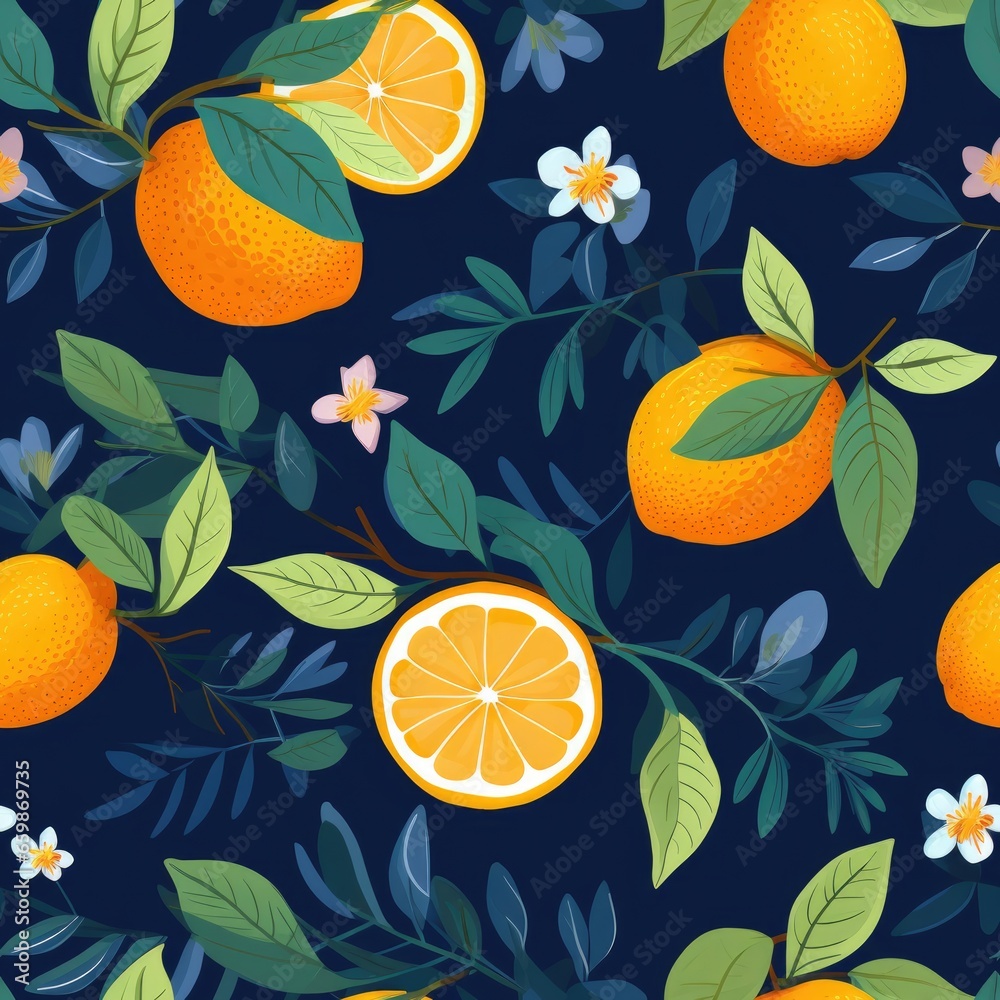seamless pattern of lemons, leaves and flowers on blue background seamless pattern of lemons, leaves and flowers on blue background