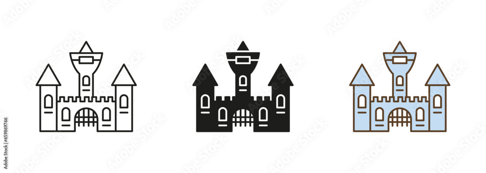 Vampire Dracula Castle Line and Silhouette Icon Set. Scary Dark Old Building for Halloween Celebration Black and Color Symbols. Gothic Spooky House Pictogram. Isolated Vector Illustration