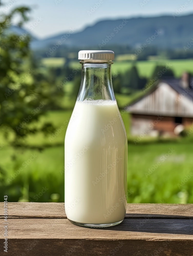 Bottle of homemade village milk against the backdrop of the village. AI Bottle of homemade village milk against the backdrop of the village. AI