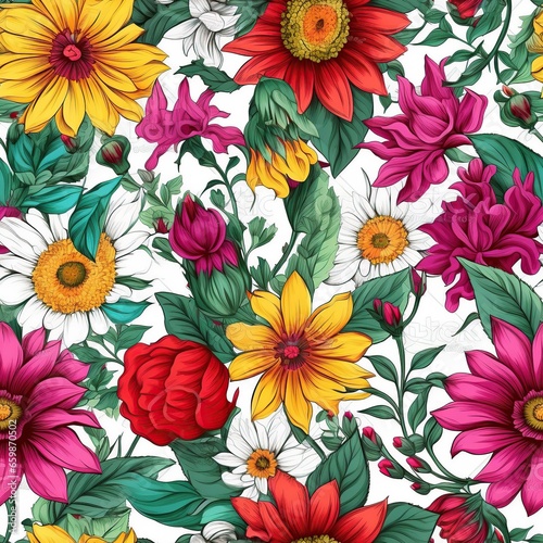 Colorful flowers style seamless pattern. AI Generated.