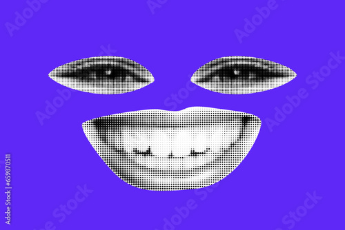 quirky magazine style portrait. Eyes and mouth cut out for collage. Punk composition on bright purple background. Trendy illustration