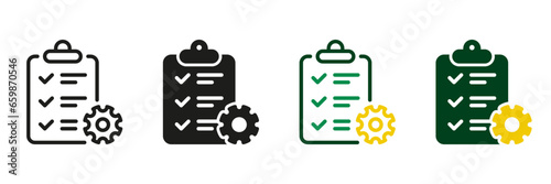 Clipboard with Gear Line and Silhouette Icon Set. Project Management Pictogram. Contract Setting Symbol. Business Development, File Agreement, Work Report Sign. Isolated Vector Illustration