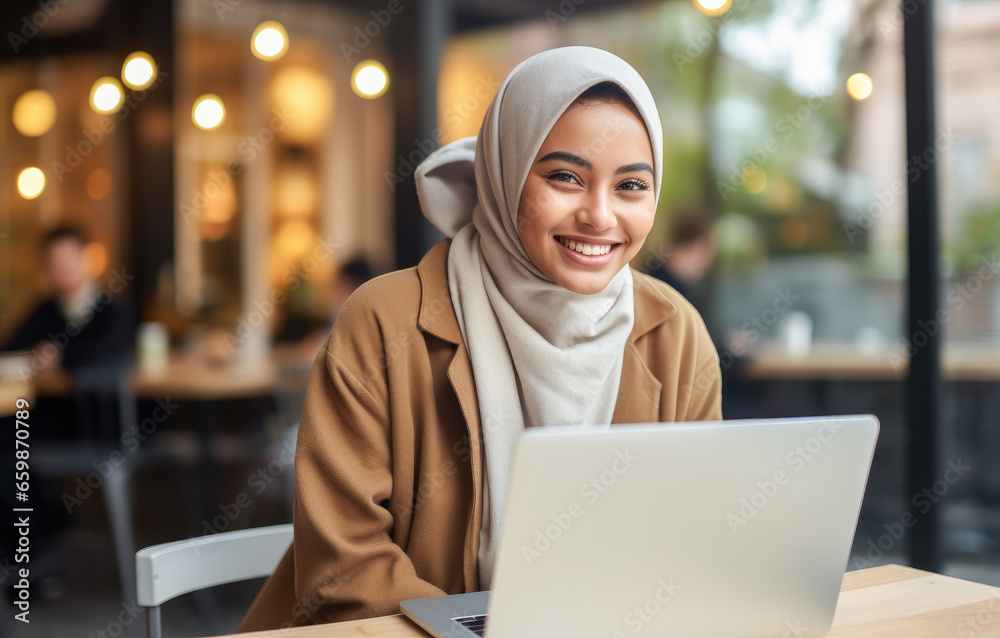 Woman using a laptop at the bar. Portrait happy muslim woman working online. Woman using a laptop at the bar. Portrait happy muslim woman working online.