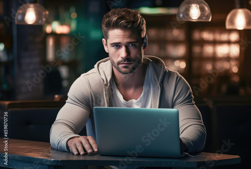 Man using a laptop at the bar. Portrait of a man working online. 