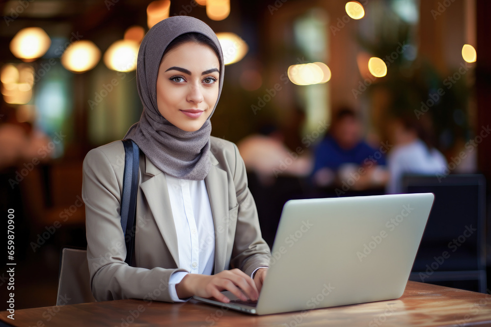 Woman using a laptop at the bar. Portrait of a muslim woman working online. 