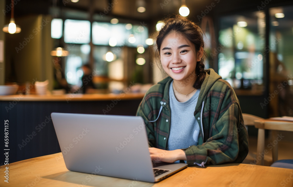 Woman using a laptop at the bar. Portrait happy woman working online.