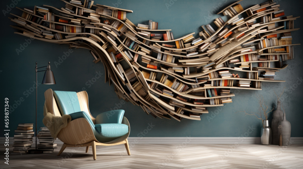 Interior of a room with a chair and an unusual shelf for books. Curved design - obrazy, fototapety, plakaty 