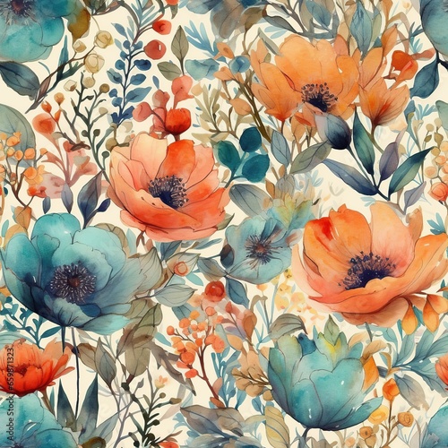 Colorful flowers style seamless pattern. AI Generated.