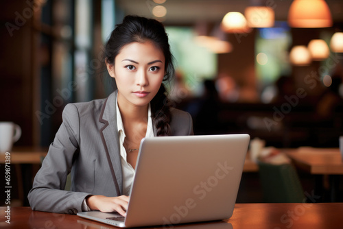 Woman using a laptop at the bar. Portrait of a woman working online. 