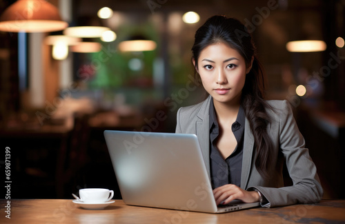 Woman using a laptop at the bar. Portrait of a woman working online. 
