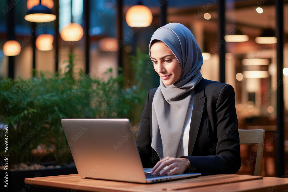Woman using a laptop at the bar. Portrait of concentrated  muslim woman working online. 