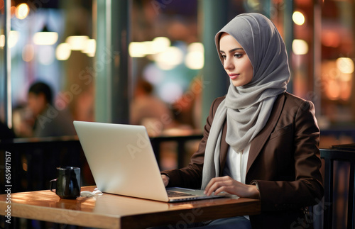 Woman using a laptop at the bar. Portrait of concentrated muslim woman working online. 