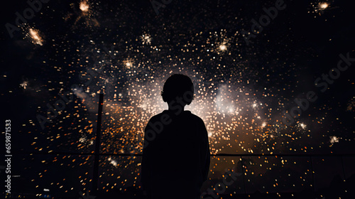 a young child in the middle of a show with explosions of light, a moment of celebration and contemplation, New Year's Day show