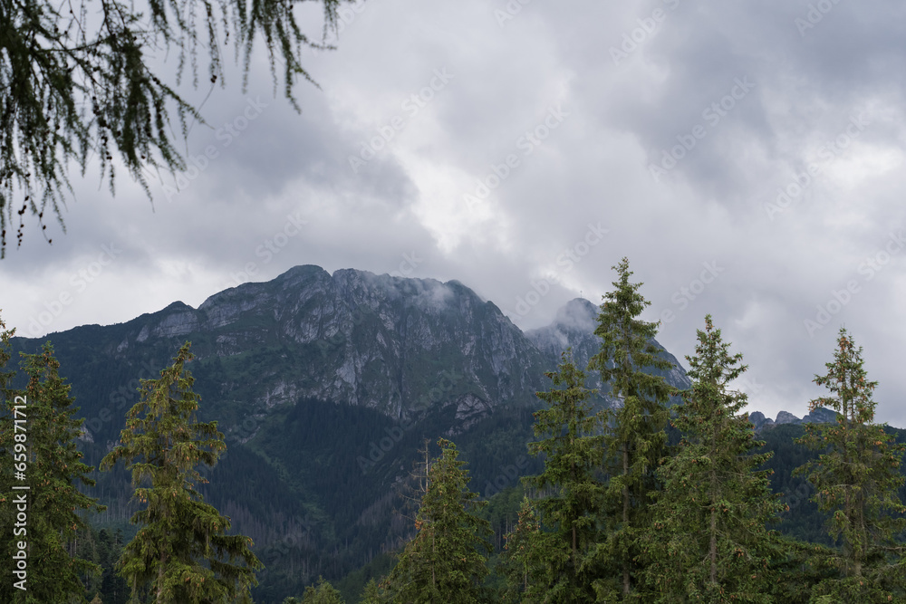 Mountain landscape in the Tatra Mountains in cloudy weather.