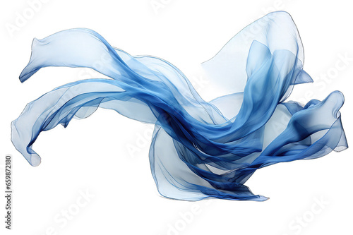Silk scarf flying in the wind. Waving blue satin cloth isolated on transparent background	 photo