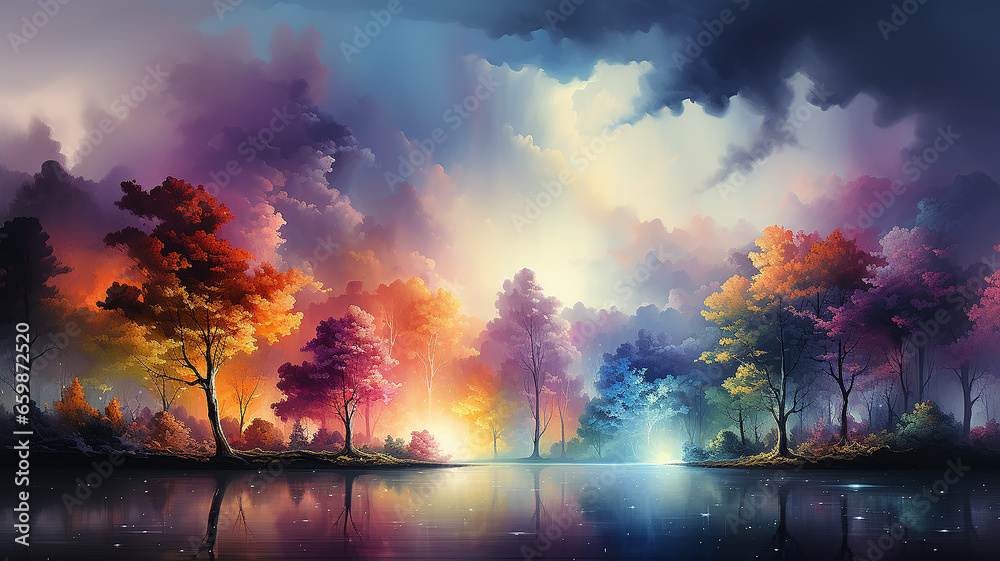 landscape in a fabulous forest, rainbow spectrum of colorful autumn trees in unusual neon lighting, fog background autumn fantasy landscape in a fabulous forest, rainbow spectrum of colorful autumn trees in unusual neon lighting, fog background autumn fantasy