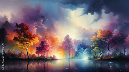 landscape in a fabulous forest  rainbow spectrum of colorful autumn trees in unusual neon lighting  fog background autumn fantasy