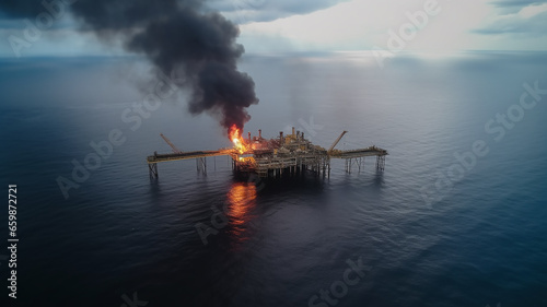 burning oil platform in the sea view from a drone, aerial view