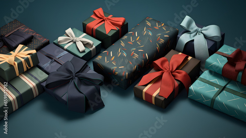 Capture a variety of festive gift wrap patterns, emphasizing the colors, ribbons, and bows. Ideal for holiday-themed marketing and packaging visuals.