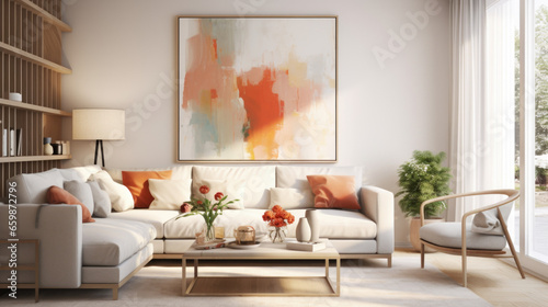 Stylish and Scandinavian living room interior of modern apartment with sofa.