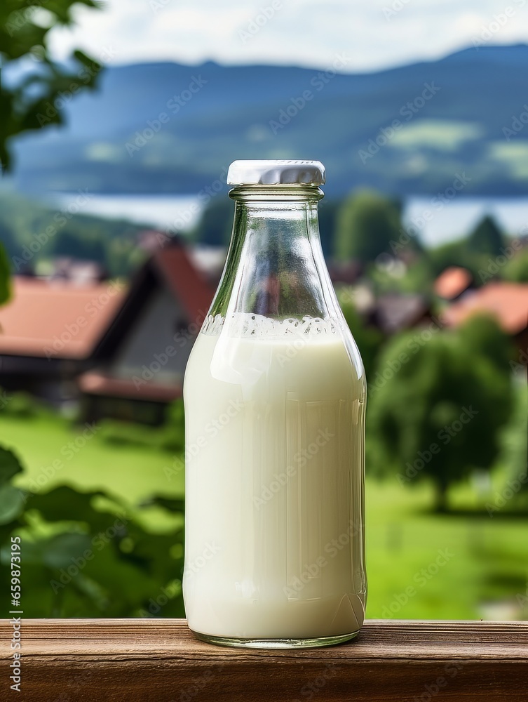 Bottle of homemade village milk against the backdrop of the village. AI Bottle of homemade village milk against the backdrop of the village. AI