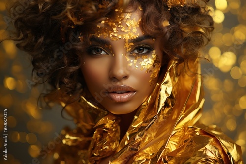 Portrait of a make-up suite woman in gold glitter looks at the camera expensively rich