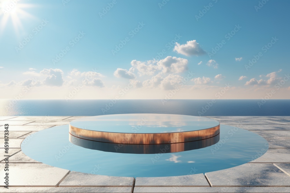 Glass podium against the backdrop of a sea landscape. Podium, stage for product presentation.