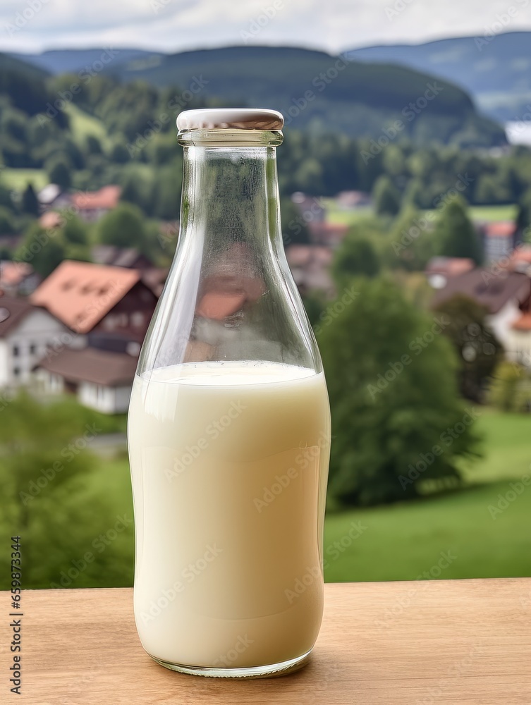 Bottle of homemade village milk against the backdrop of the village. AI Bottle of homemade village milk against the backdrop of the village. AI