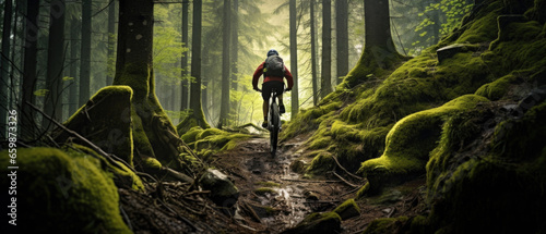 Mountain biker riding on bike in spring inspirational forest landscape. Man cycling MTB on enduro trail track. Sport fitness motivation and inspiration.