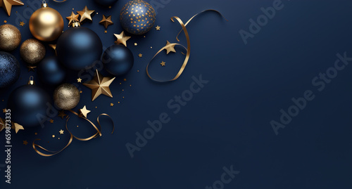 Christmas ornaments on dark navy blue background ribbons stars gold accents