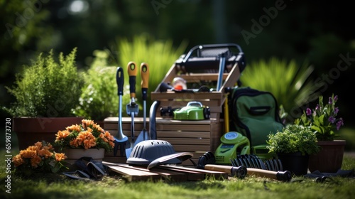 Gardening tools artfully arranged on lush, vibrant grass, ready for a day of planting