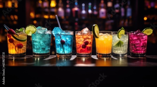 tantalizing array of cocktails, each with its distinct hue, displayed on a dark bar counter
